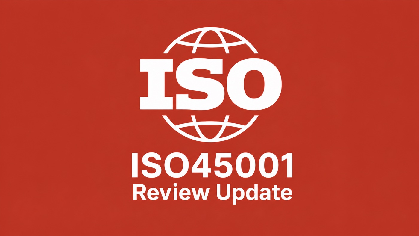 White ISO globe mark and ISO45001 Review Update text on a red landscape background.