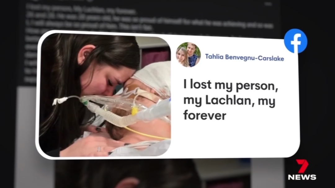 A Channel Seven report showing Lachlan Carslake's partner beside the words I lost my person, my Lachlan, my forever.